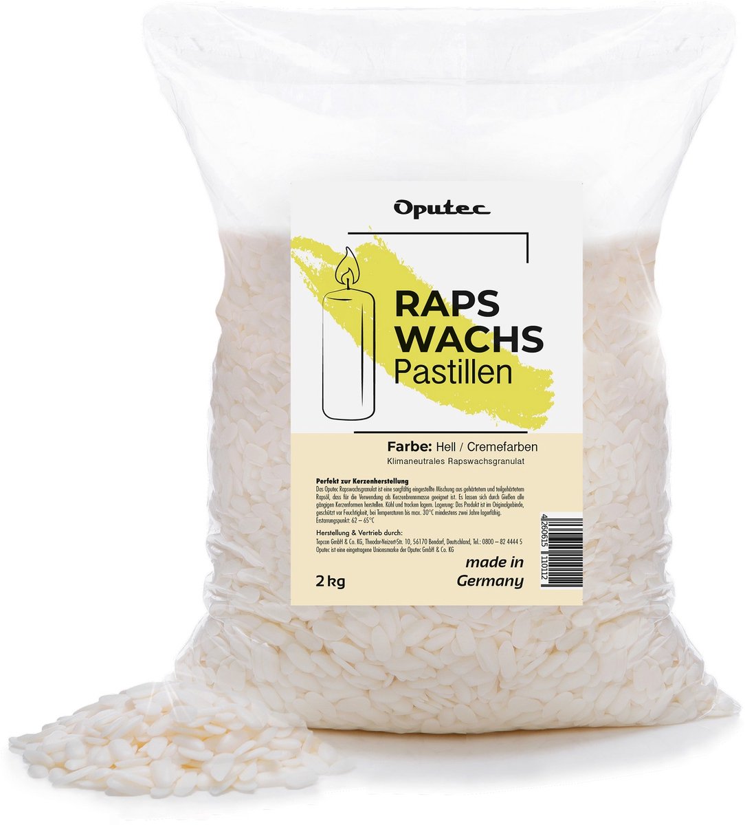 Oputec 2kg rapswas pastilles | kaarsenwas crème | gietwas natuurlijk | zelf kaarsen maken | smeltpunt 62–65°C | made in Germany